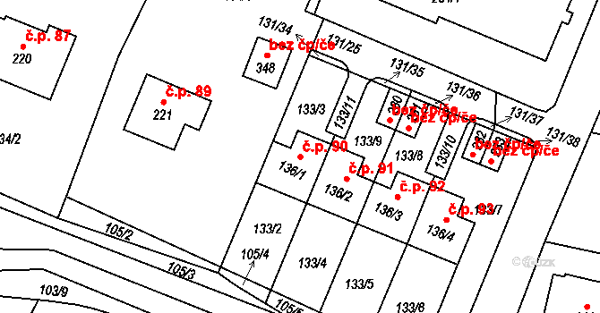 Zavlekov 90 na parcele st. 136/1 v KÚ Zavlekov, Katastrální mapa