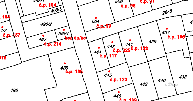 Uhříněves 117, Praha na parcele st. 444 v KÚ Uhříněves, Katastrální mapa