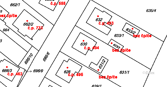 Suchdol nad Lužnicí 494 na parcele st. 630 v KÚ Suchdol nad Lužnicí, Katastrální mapa