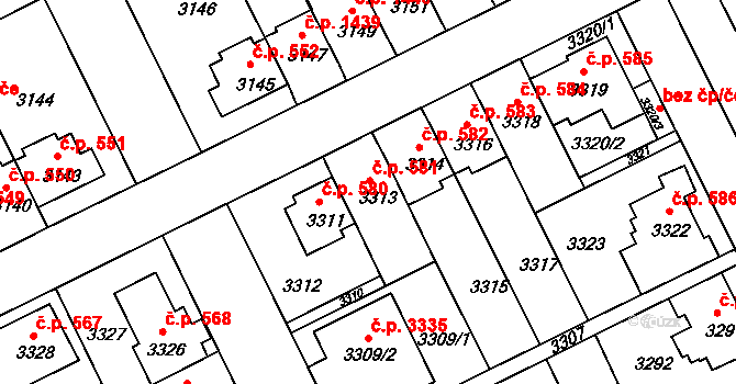 Záběhlice 581, Praha na parcele st. 3313 v KÚ Záběhlice, Katastrální mapa