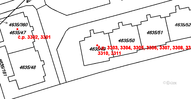 Modřany 3303,3304,3305,3306,, Praha na parcele st. 4635/49 v KÚ Modřany, Katastrální mapa