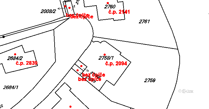 Smíchov 2094, Praha na parcele st. 2758/1 v KÚ Smíchov, Katastrální mapa