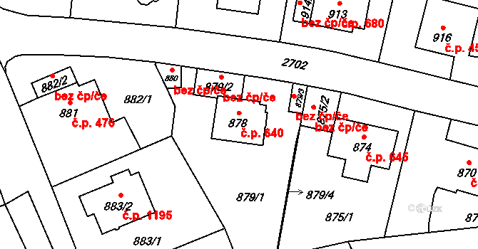 Kyje 640, Praha na parcele st. 878 v KÚ Kyje, Katastrální mapa