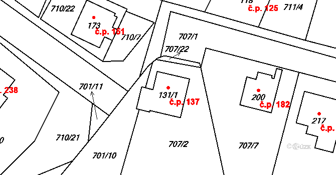 Drahlín 137 na parcele st. 131/1 v KÚ Drahlín, Katastrální mapa
