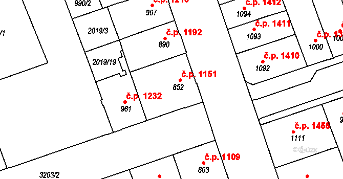 Hodonín 1151 na parcele st. 852 v KÚ Hodonín, Katastrální mapa