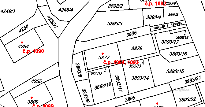 Jirkov 1093,1094 na parcele st. 3877 v KÚ Jirkov, Katastrální mapa