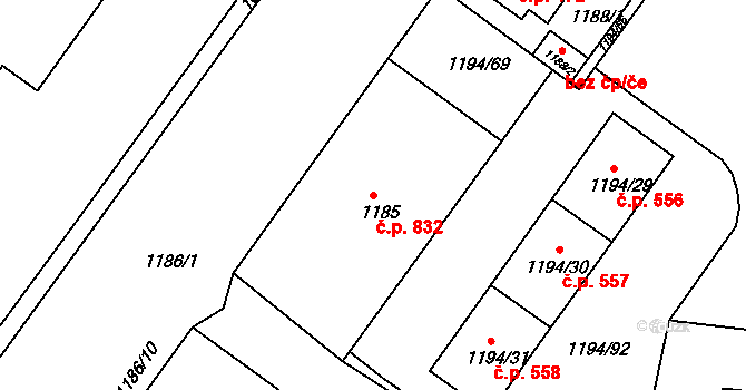 Teplické Předměstí 832, Bílina na parcele st. 1185 v KÚ Bílina, Katastrální mapa