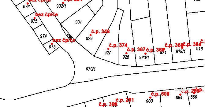 Blučina 374 na parcele st. 927 v KÚ Blučina, Katastrální mapa