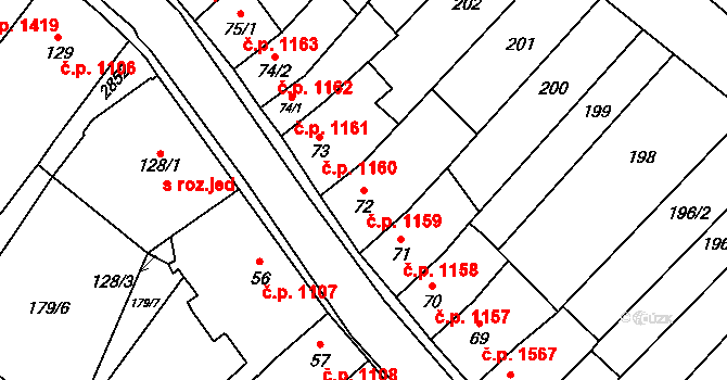 Ivančice 1159 na parcele st. 72 v KÚ Kounické Předměstí, Katastrální mapa