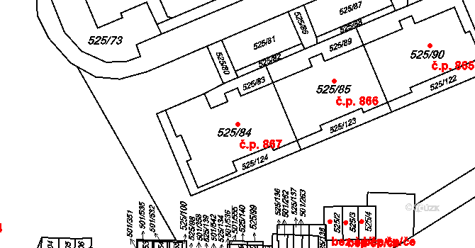 Ráj 867, Karviná na parcele st. 525/84 v KÚ Ráj, Katastrální mapa