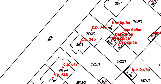 Božkov 345, Plzeň na parcele st. 3928 v KÚ Plzeň, Katastrální mapa