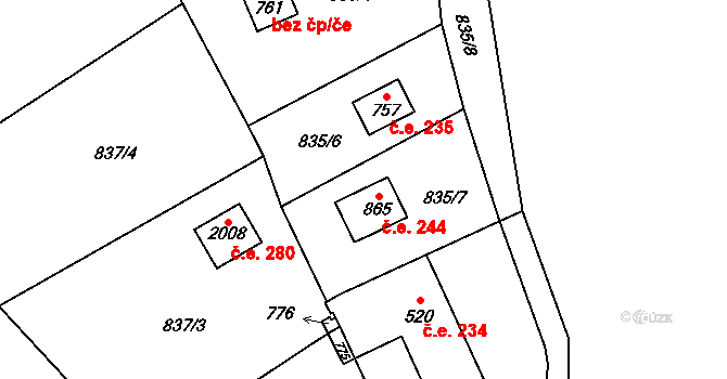 Vranov nad Dyjí 244 na parcele st. 865 v KÚ Vranov nad Dyjí, Katastrální mapa