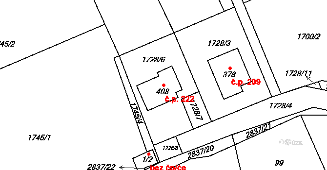 Sehradice 222 na parcele st. 408 v KÚ Sehradice, Katastrální mapa