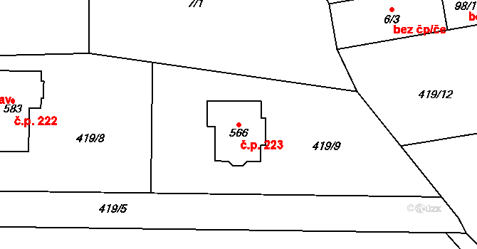 Libeř 223 na parcele st. 566 v KÚ Libeř, Katastrální mapa