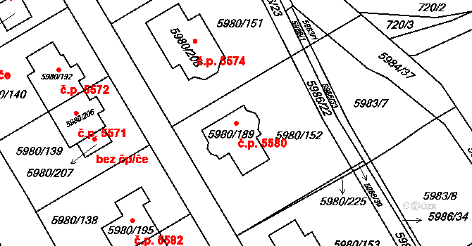 Chomutov 5580 na parcele st. 5980/189 v KÚ Chomutov I, Katastrální mapa