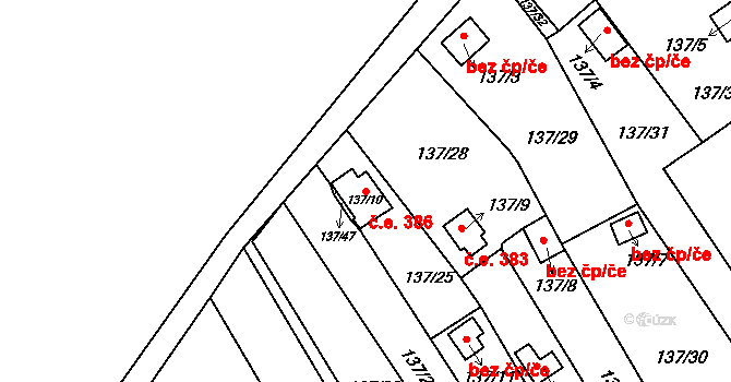 Stradov 386, Chlumec na parcele st. 137/10 v KÚ Stradov u Chabařovic, Katastrální mapa