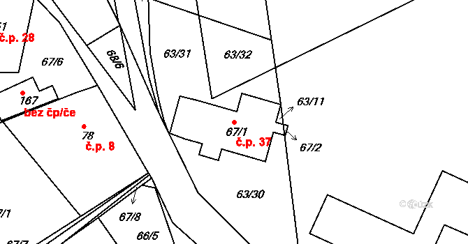 Sušice 37, Míčov-Sušice na parcele st. 67/1 v KÚ Sušice, Katastrální mapa