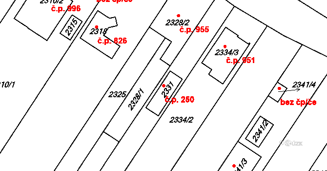 Lužice 250 na parcele st. 2331 v KÚ Lužice u Hodonína, Katastrální mapa
