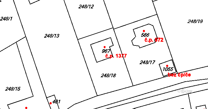 Rudná 1377 na parcele st. 967 v KÚ Hořelice, Katastrální mapa