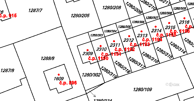 Dobřany 1191 na parcele st. 2310 v KÚ Dobřany, Katastrální mapa