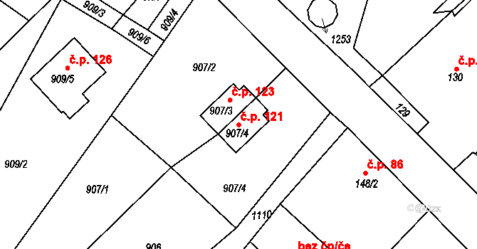 Sázavka 121 na parcele st. 907/4 v KÚ Sázavka, Katastrální mapa