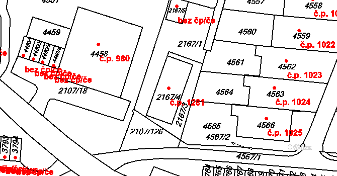 Komín 1281, Brno na parcele st. 2167/4 v KÚ Komín, Katastrální mapa
