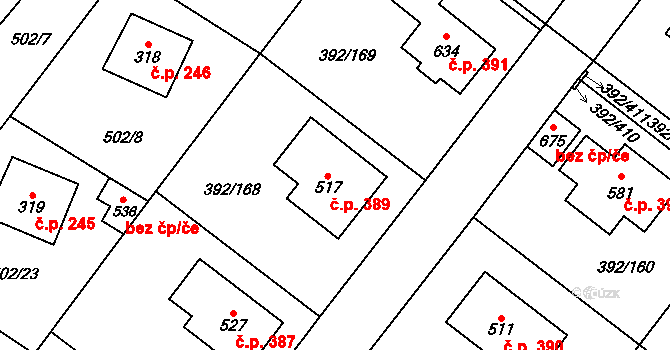 Všeruby 389 na parcele st. 517 v KÚ Všeruby u Plzně, Katastrální mapa