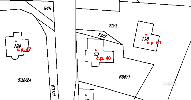 Čeňovice 40, Teplýšovice na parcele st. 53 v KÚ Čeňovice, Katastrální mapa