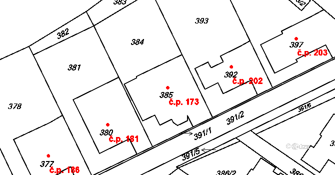 Výškovice 173, Ostrava na parcele st. 385 v KÚ Výškovice u Ostravy, Katastrální mapa