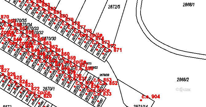Velké Meziříčí 871 na parcele st. 2870/18 v KÚ Velké Meziříčí, Katastrální mapa