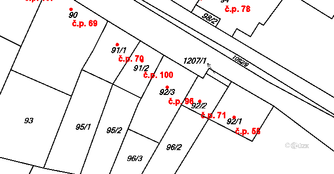 Milonice 96 na parcele st. 92/3 v KÚ Milonice, Katastrální mapa