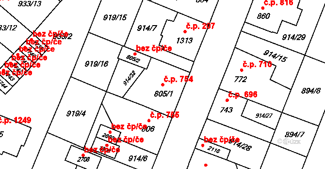 Kateřinky 754, Opava na parcele st. 805/1 v KÚ Kateřinky u Opavy, Katastrální mapa