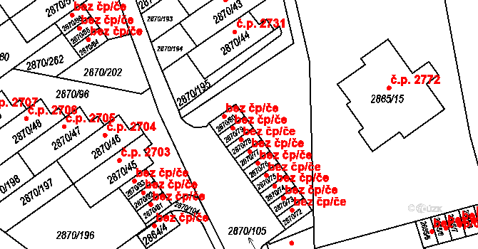 Teplice 45111511 na parcele st. 2870/79 v KÚ Teplice, Katastrální mapa