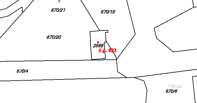 Horní Brána 623, Český Krumlov na parcele st. 2568 v KÚ Český Krumlov, Katastrální mapa