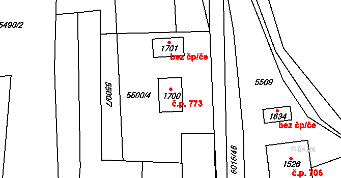 Halenkov 773 na parcele st. 1700 v KÚ Halenkov, Katastrální mapa