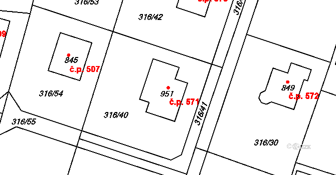 Hýskov 571 na parcele st. 951 v KÚ Hýskov, Katastrální mapa