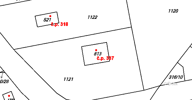 Nučice 337 na parcele st. 813 v KÚ Nučice u Rudné, Katastrální mapa