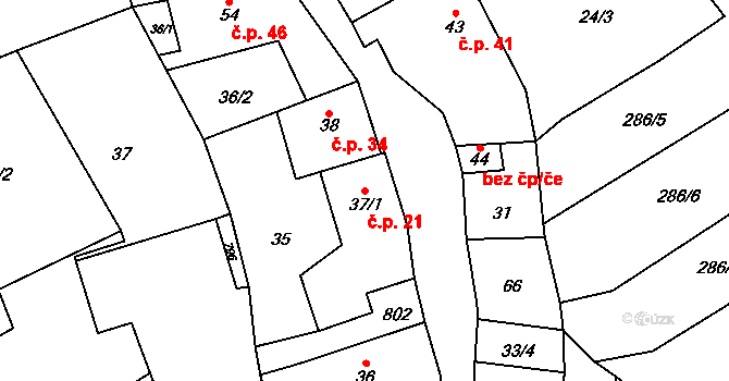 Mezholezy 21 na parcele st. 37/1 v KÚ Mezholezy u Černíkova, Katastrální mapa