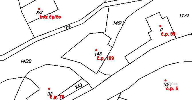 Suchý Důl 109 na parcele st. 143 v KÚ Suchý Důl, Katastrální mapa