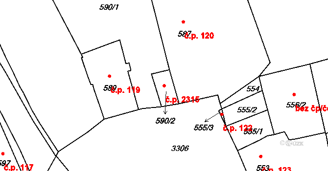 Pelhřimov 2315 na parcele st. 590/2 v KÚ Pelhřimov, Katastrální mapa