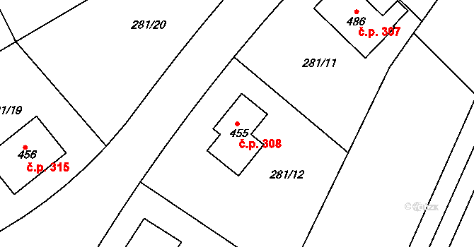 Dolní Roveň 308 na parcele st. 455 v KÚ Dolní Roveň, Katastrální mapa