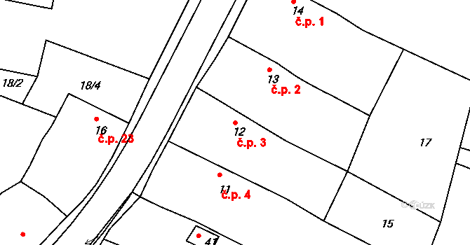 Hunčice 3, Líšťany na parcele st. 12 v KÚ Hunčice, Katastrální mapa