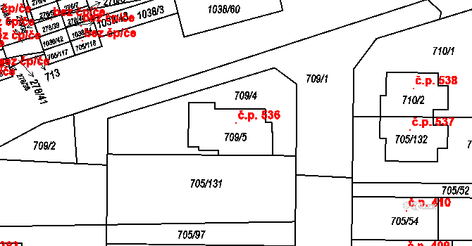 Všetuly 536, Holešov na parcele st. 709/5 v KÚ Všetuly, Katastrální mapa