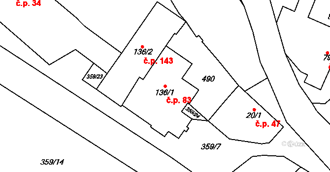Mramotice 83, Znojmo na parcele st. 136/1 v KÚ Mramotice, Katastrální mapa