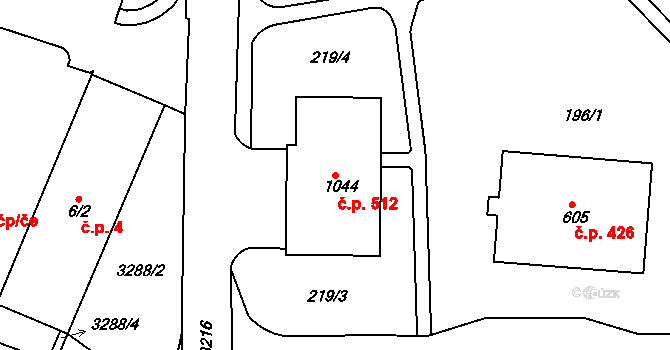 Toužim 512 na parcele st. 1044 v KÚ Toužim, Katastrální mapa