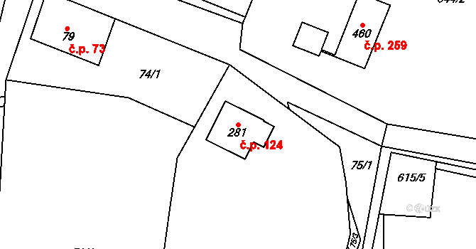 Tmaň 124 na parcele st. 281 v KÚ Tmaň, Katastrální mapa