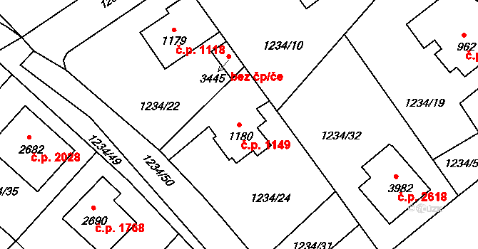 Říčany 1149 na parcele st. 1180 v KÚ Říčany u Prahy, Katastrální mapa