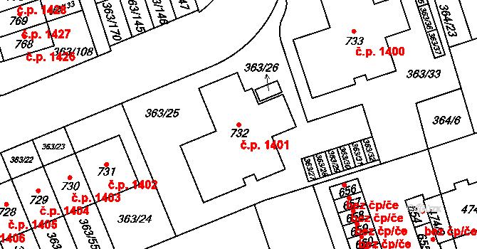 Hostivice 1401 na parcele st. 732 v KÚ Litovice, Katastrální mapa