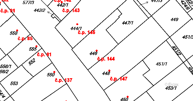 Zarazice 144, Veselí nad Moravou na parcele st. 446 v KÚ Zarazice, Katastrální mapa