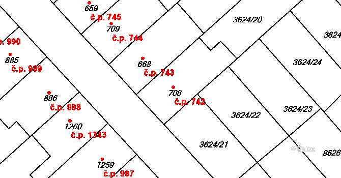 Veselí nad Moravou 742 na parcele st. 708 v KÚ Veselí-Předměstí, Katastrální mapa